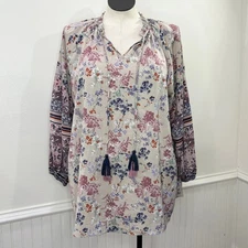 Cato Peasant Sleeve Tunic Top Tassel Patchwork Floral Ruffle Neck Boho Cottage