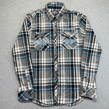 Affliction Button Up Shirt Men  s XL Blue Gray Plaid Slim Fit Rockwear Y2K