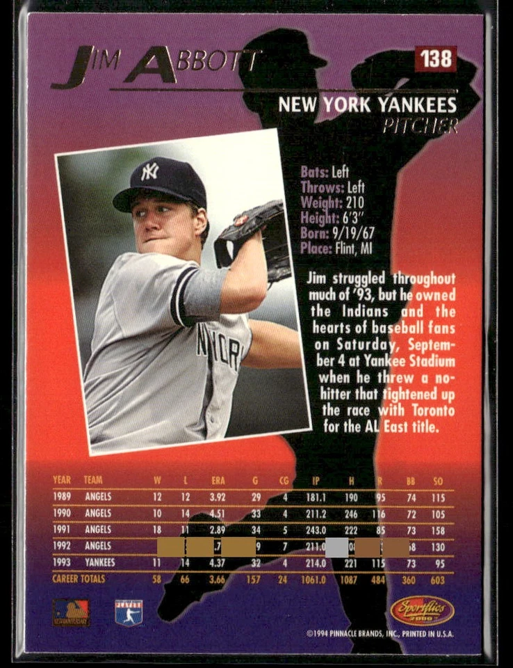 1994 Sportflics 2000 #138 Jim Abbott Baseball Card 1103W - Image 2 of 2