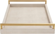 WV Ivory Shagreen Leather Serving Tray with Gold Handles-17.7x11.8 Inch 