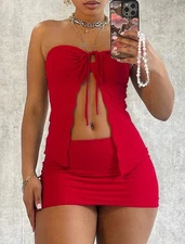 Women's Solid Color Tube Top & Skirt Two-piece Set, Fashion Casual Sleeveless...