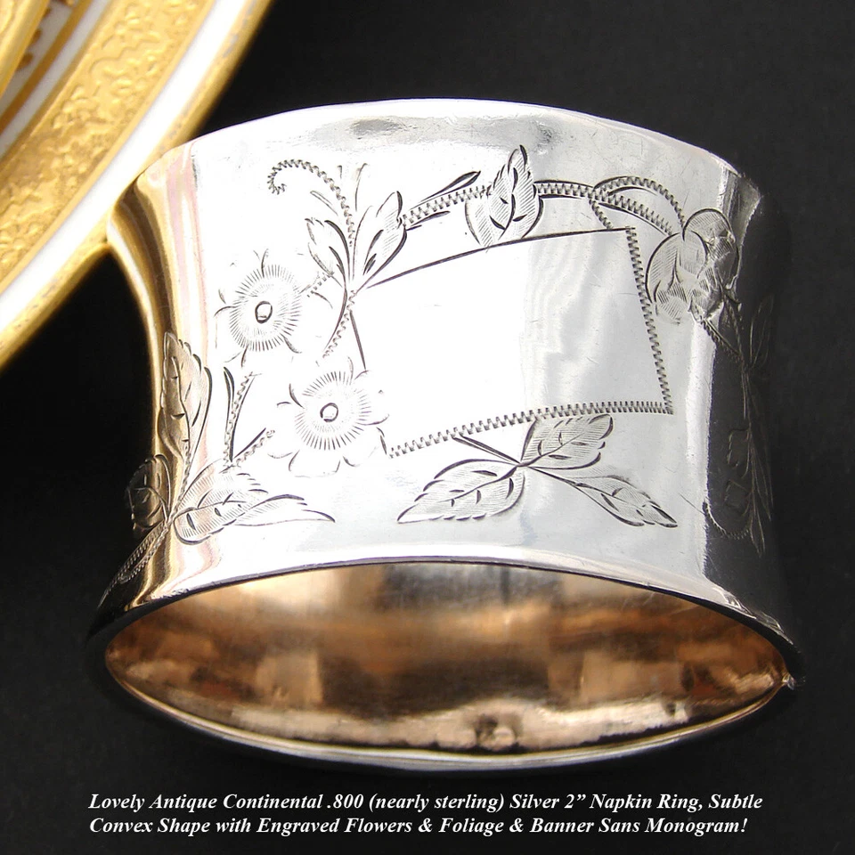 Antiguo Anillo Servilletero Continental Plata .800 2", Decoración Floral y Foliada Foto 2 de 4