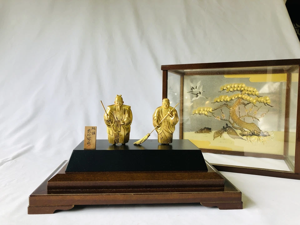 Y4753 OKIMONO Plata de Ley Takasago Pareja Estuche de Vidrio Japón Figura Antigua Foto 4 de 4