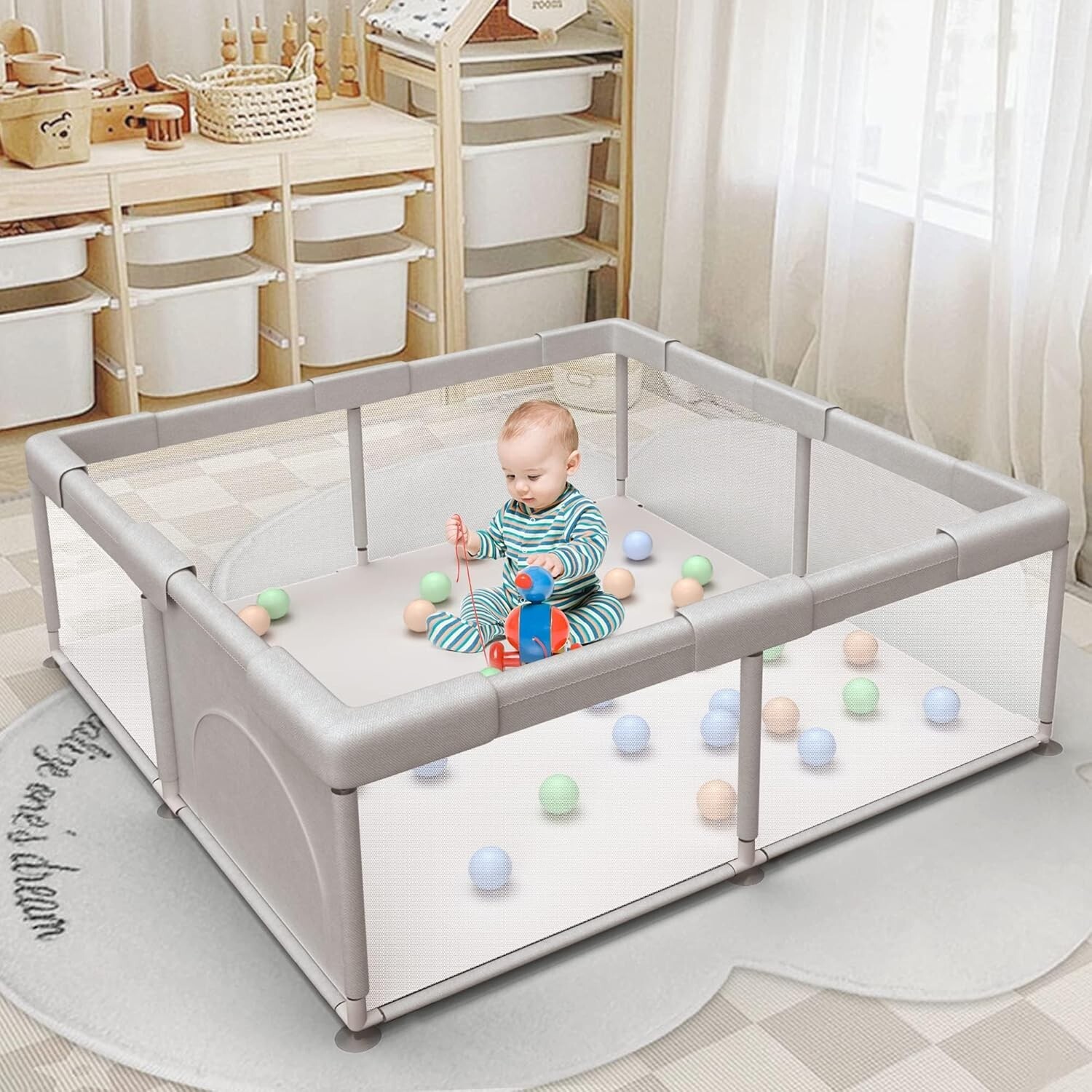 Baby Playpen 51"x51"x27" for Indoor & Outdoor with Breathable Mesh - Grey *NEW*