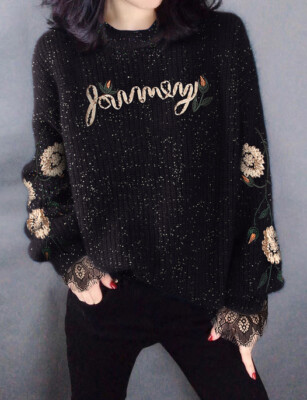 Women Crew Neck Knit Long Sleeve Cotton Pullover Sweater Flower