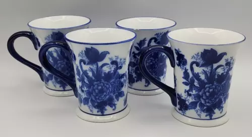Cracker Barrel Blue & White Flow Blue Coffee Mugs Vintage 10 Oz Set of 4