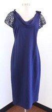 Elie Tahari Navy Blue Draped Neck Lace Sleeve Midi Dress Evening Cocktail Sz 12