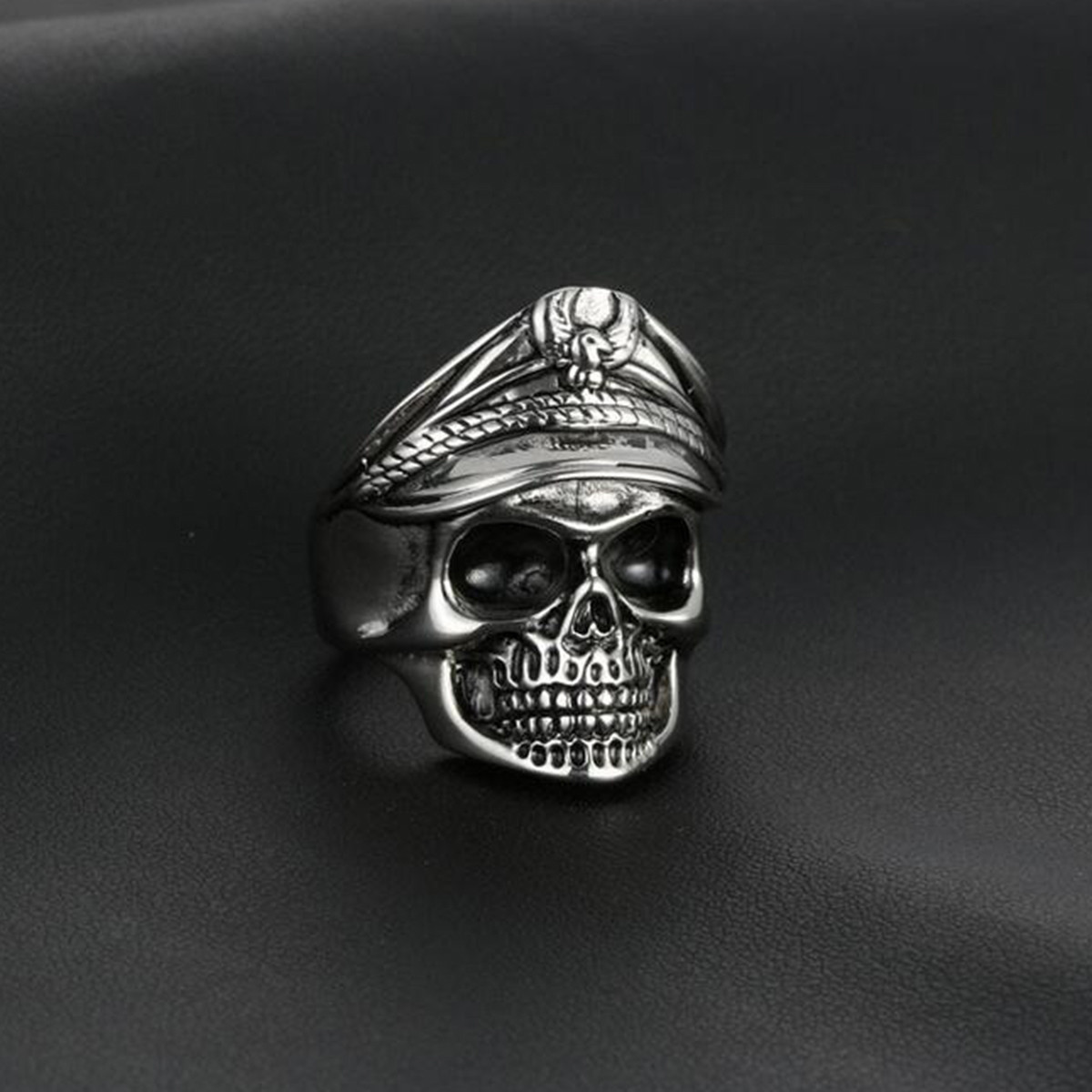 Men's Gothic World War Military Cap Skull Heads Ring Biker Band