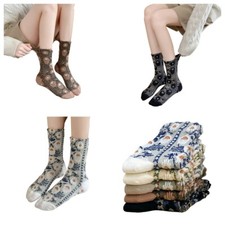 Women Cotton Flower Mid Calf Tube Stretch Sports Crew Socks Stockings 5 Pairs