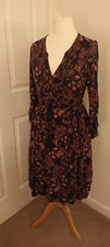 TU Size 10 Navy Paisley Pattern Midi Dress Boho Cotton Lining & Roll Tab Sleeve