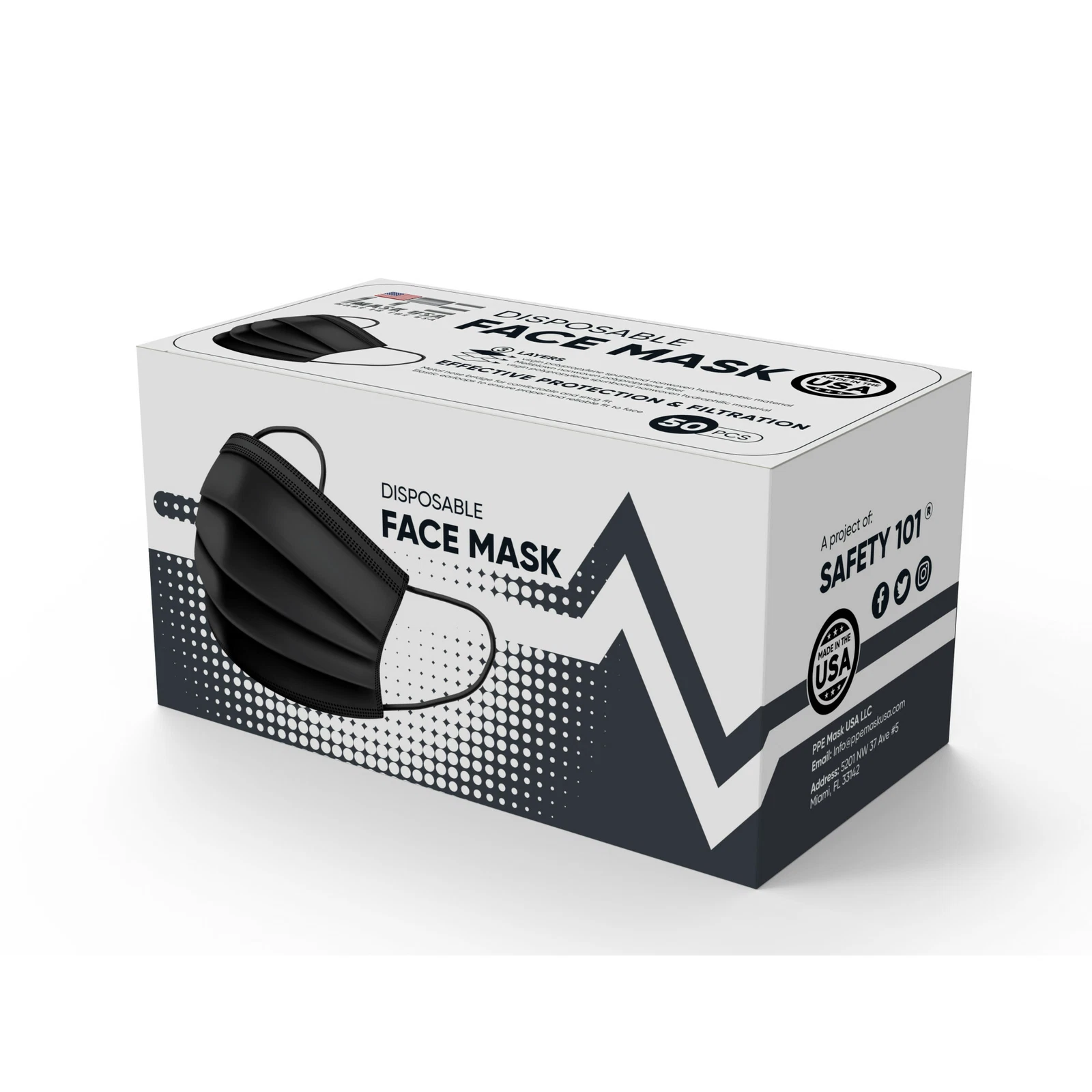 Disposable Mask USA 3-Ply Face Masks 50-Pack - Black