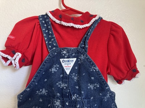VTG OshKosh B’Gosh Denim Printed Vestbak Jumper Skirt Red Puff Sleeve Tee Sz 3T - Picture 13 of 17