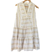 Nema Resort Size M Gold Embroidered Tiered Short Dress Sleeveless Beach Cruise