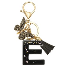 Initial Letter Keychain, Cute Butterfly Keychain with Tassel Letter E, Black