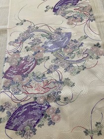 13"x66" Japanese kimono silk fabric panel / white base, folding fan C62