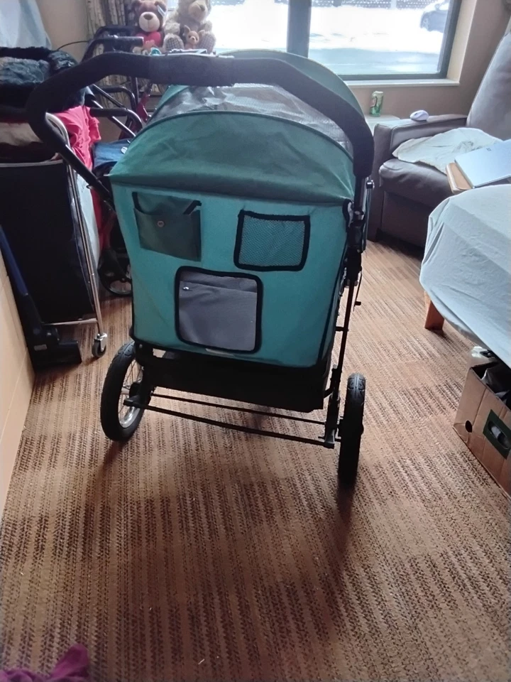 Pet Stroller Dog & Cat Cage 3-Wheel Travel Folding Carrier - green  - Image 2 of 4