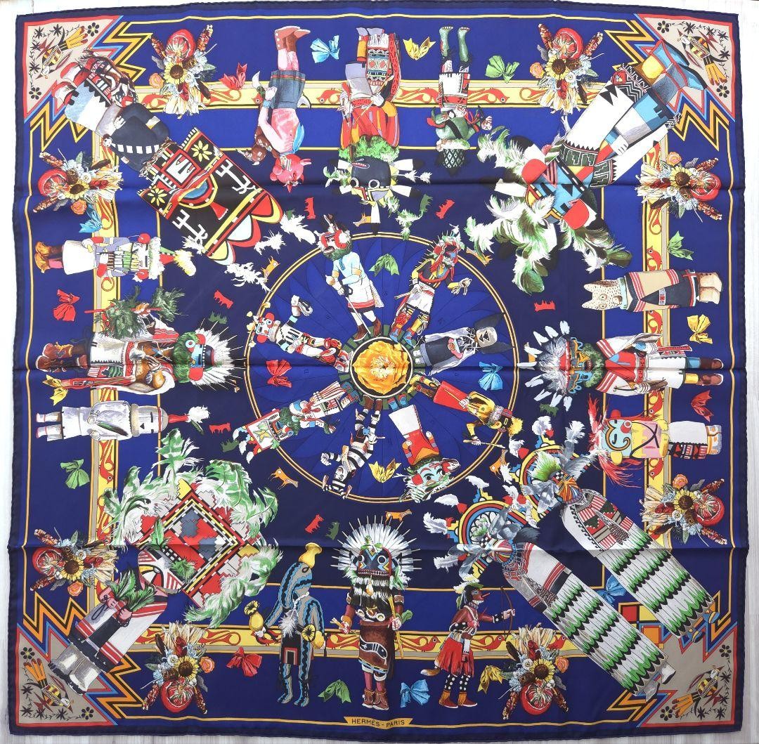 HERMES Carre 90 Kachinas 100% Silk Scarf Blue Women | eBay