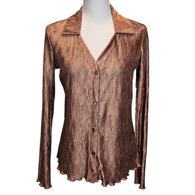 Tru Self Bronze Metallic Crinkle Blouse Small Y2K Shimmer Button Up 90s Top