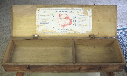c1915 Antique S. NORVELL'S BULL DOG TOOL SET #96 Wood Chest SHAPLEIGH HARDWARE