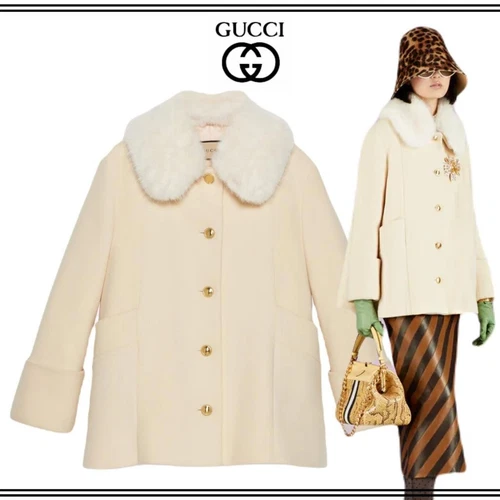 Cappotto Gucci avorio monopetto pelliccia sintetica orlo taglia 38 US 2 nuovo con etichette