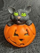 Light Up Black Cat In Pumpkin Jack-o-lantern Pumpkin Green Eyes Halloween