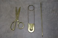 Heavy Solid Cast Brass Sewing Wall Art 3pc Set Giant Scissors Needle 24”