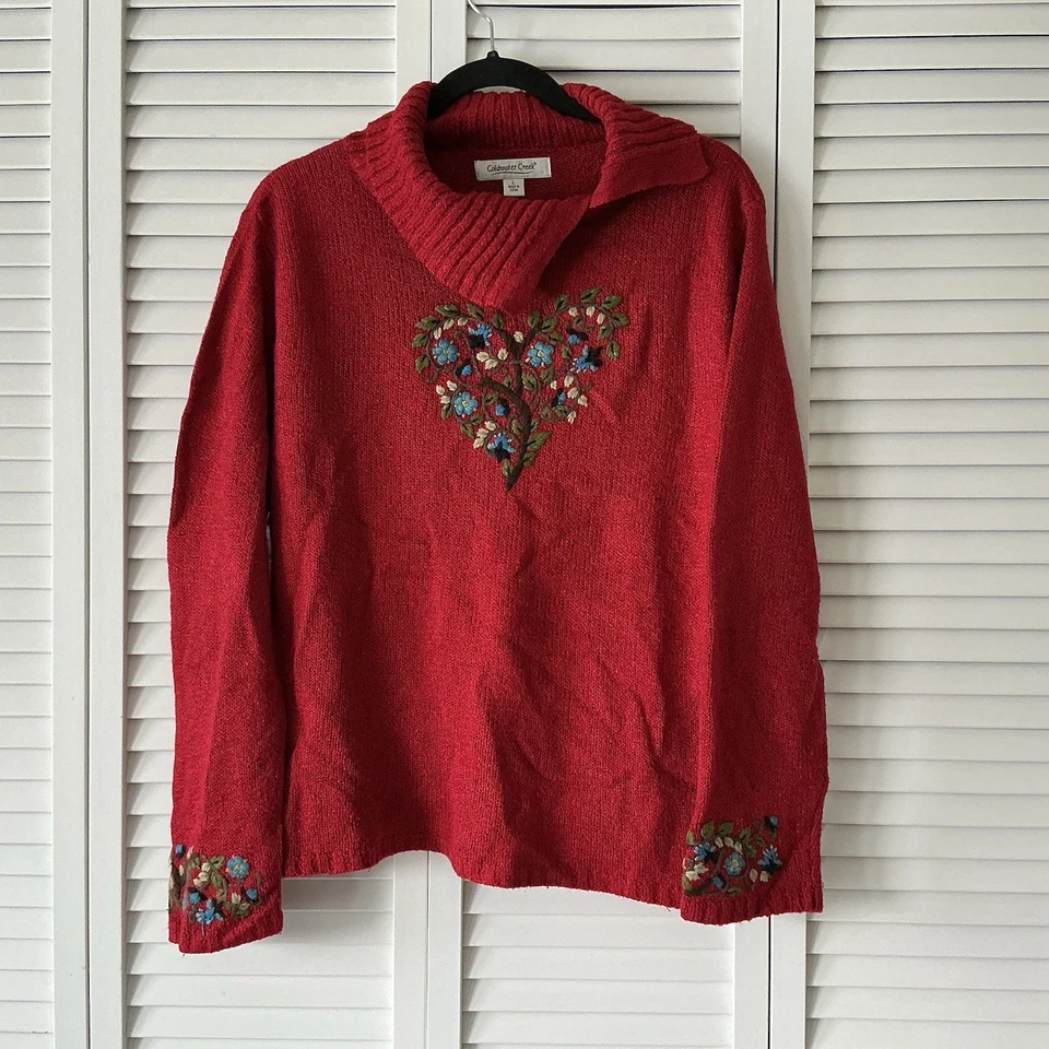 Coldwater Creek Vintage Sz L Red Embroidered Chunky Knit Sweater Grannycore Boho - Image 3 of 4