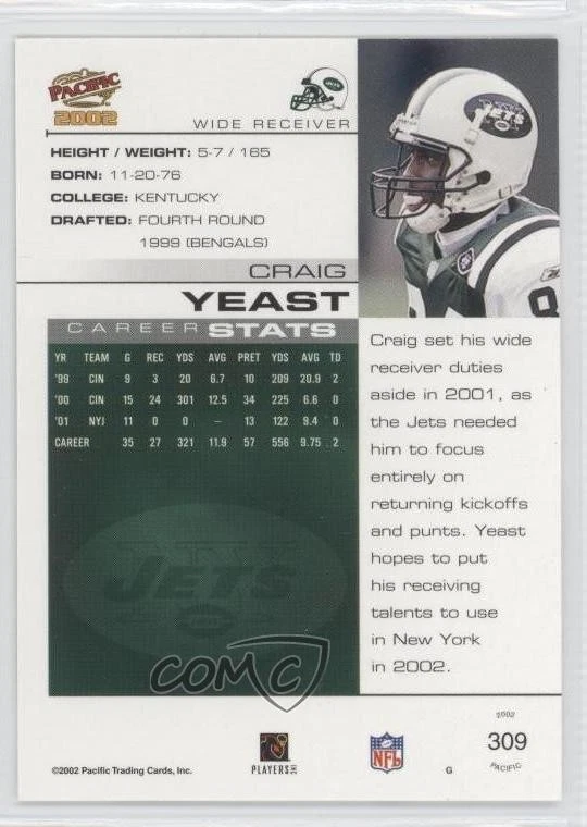 2002 Pacific Premiere Date Missing Serial Number Craig Yeast #309 - Image 2 of 2