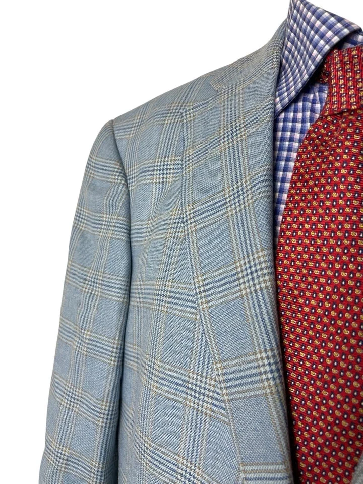 Paul Fredrick Sport Coat Jacket Blue Glen Plaid 2 Button SILK Wool Men's 44R - Image 3 of 4