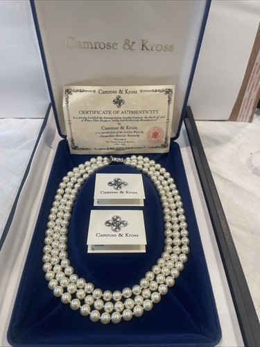 Jackie Kennedy Faux Pearl Necklace Camrose & Kross JBK COA Box Triple Strand NIB