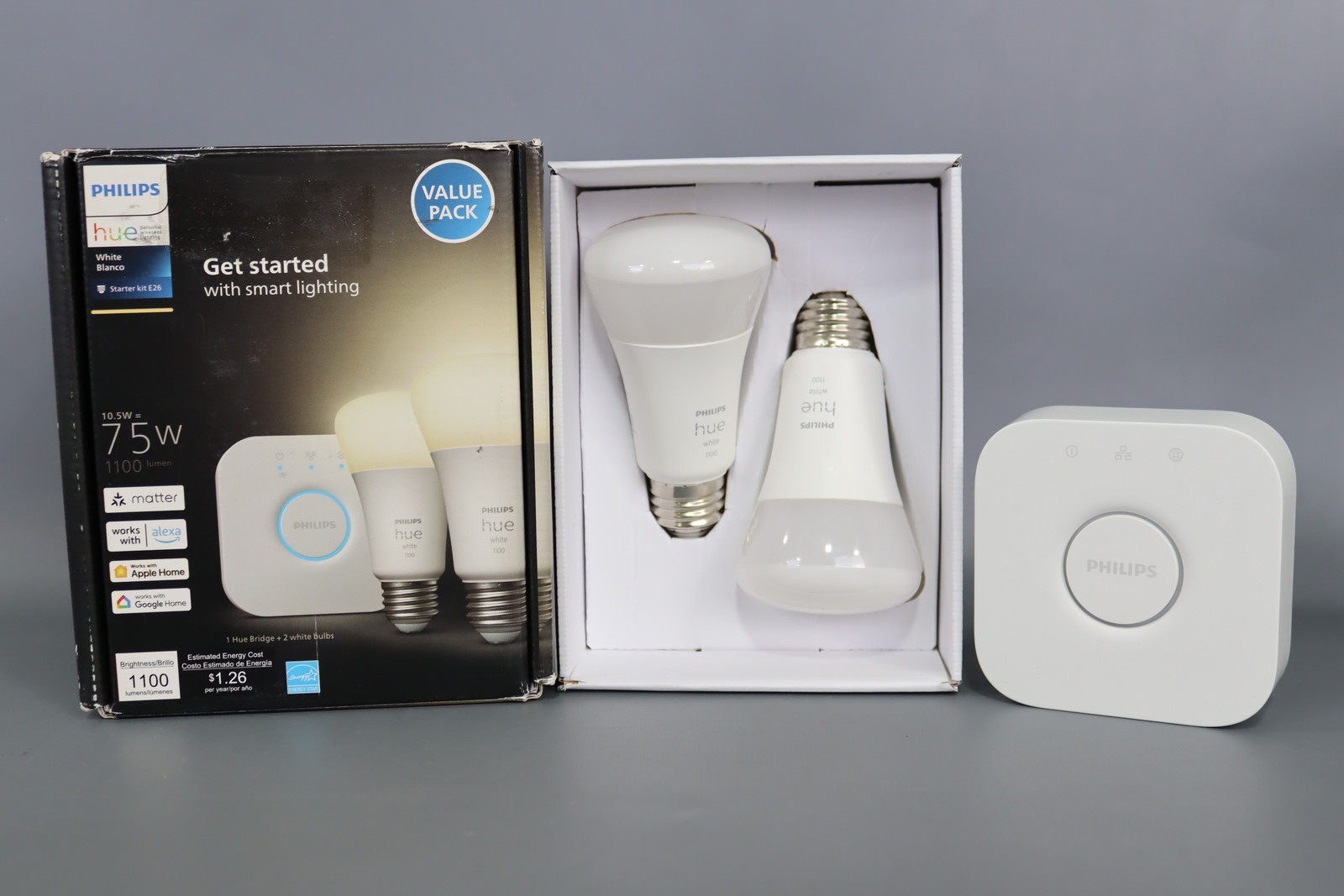 Philips Hue 1 pack of 2 A19 LED Starter Kit with Bridge Whit