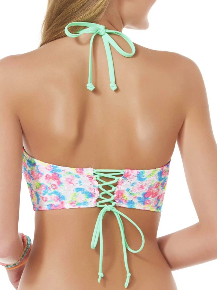 Bongo Floral Back Laceup Midkini Swim Top Swimsuit Juniors Ladies