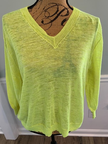 J. CREW Sweater Neon Yellow Linen Blend Knit Long Sleeve V Neck Size Large
