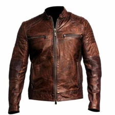 MEN'S  BROWN MOTORCYCLE VINTAGE RETRO BIKER CAFE RACER  REAL LEATHER JACKET