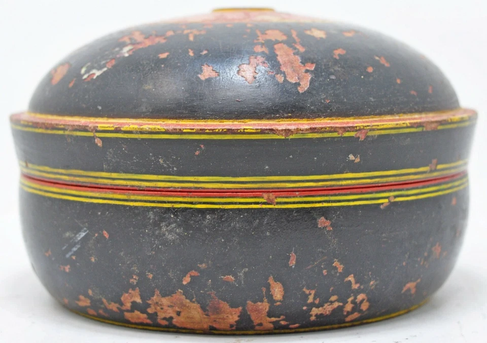 Antigua caja redonda de madera Kum Kum Tika original laca tallada a mano pintada Foto 3 de 4