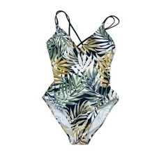 Hurley Crisscross Back One Piece Swimsuit Women's S Navy Green Palm Print