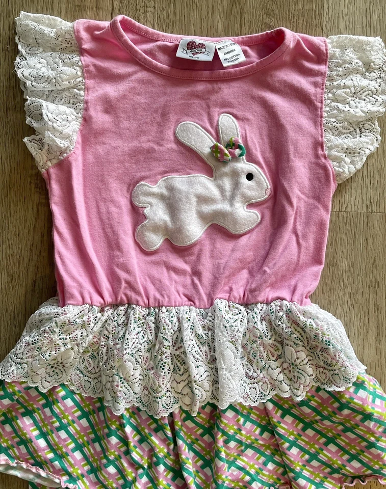 Ann Loren Easter Set Big Girls Size 9/10 Tunic Top & Ruffle Pants Bunny Lace - Image 2 of 4