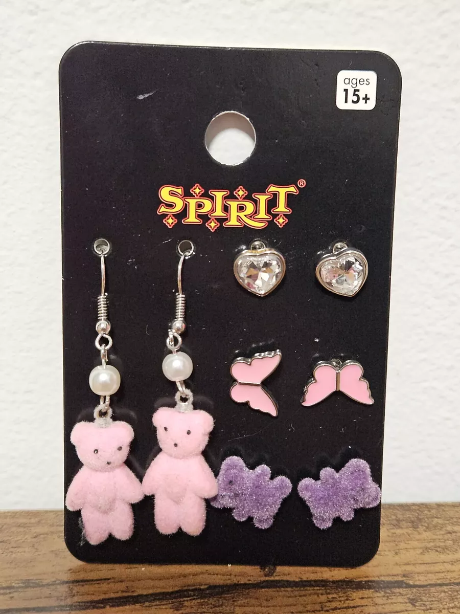 BRAND NEW Pink Purple Bears Fuzzy Dangling Hanging Earrings Pink Butterfly