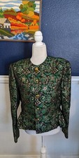 VTG Adolfo New York Green Floral Gold Metallic Button Career Jacket Sz Medium M