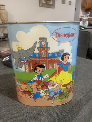Vtg Disney World & Disneyland 2 Sided  Tin Trash Can Cheinco Mickey & Friends