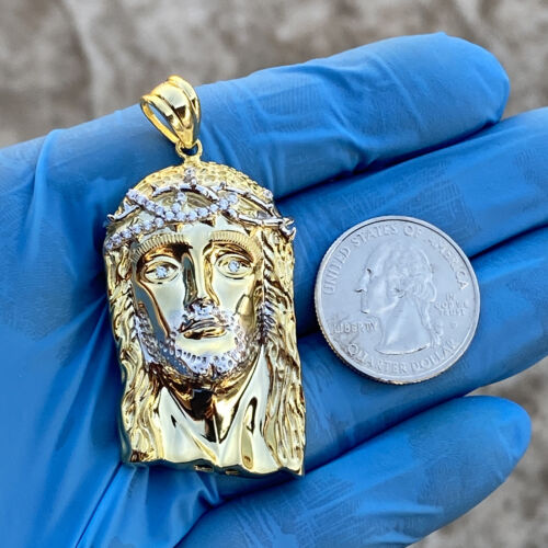 14K Gold Plated over 925 Sterling Silver Jesus Head Pendant CZ Two Tone 1.75" - Picture 5 of 10