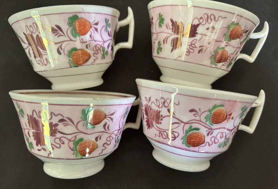 4 platillos de taza de fresa Staffordshire Pearlware inglés siglo XIX rosa lustre Foto 4 de 4