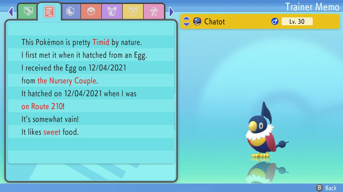 Chatot Pokemon Brilliant Diamond