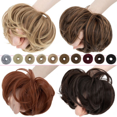 Balayage/Highlight Real Natural Straight Hair Bun Pieces Scrunchie Extensions US