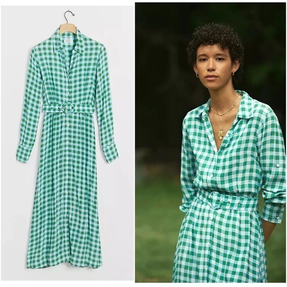 Anthropologie / NWT S/W/F Kellen Gingham Maxi Shirtdress blue green small S
