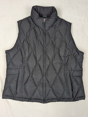Eddie Bauer Womens XL Black Goose Down Vest Full Zip/Snap Furry Quilted