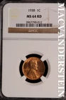 1938 Lincoln Wheat Cent - NGC MS 64 RD - Scarce  No Reserve  #SLK413