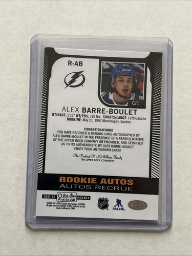 2021-22 OPC Platinum Rookie Autos Alex Barre-Boulet #R-AB Lightning - Picture 2 of 2