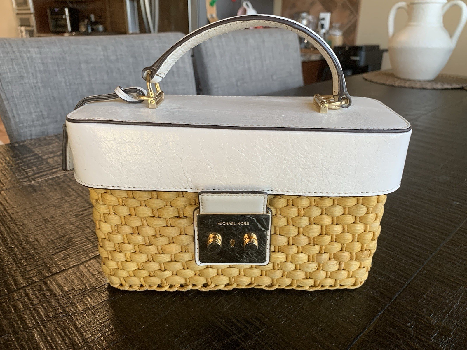 Michael Kors Woven Straw Top Handle Bag White/Natural Gold Turn Lock