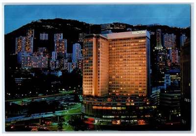 c1960 Hongkong Hilton Aerial Night View Restaurant Central Hongkong HK Postcard
